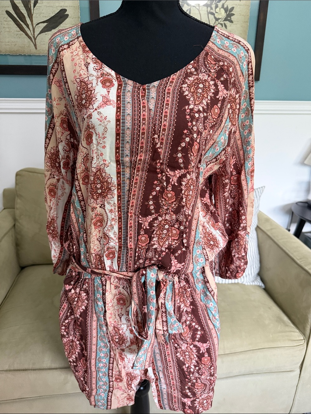 Striped Paisley Tie-Waist Romper in Brown & Cream
